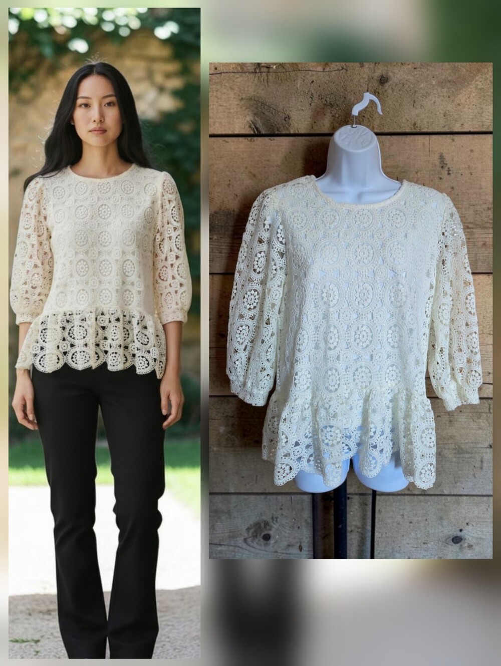 Ellison White Crochet 3/4 Puff Sleeve Top Ladies M Cottage Core Boho Romantic
